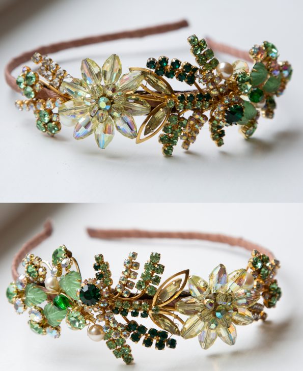 green crystal vintage headband, green flower crystal vintage headband