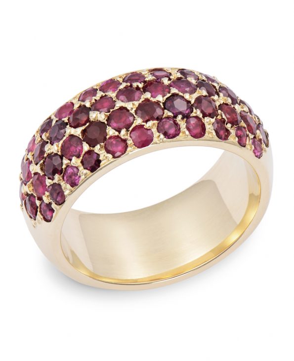 gold ring set with pave rubies