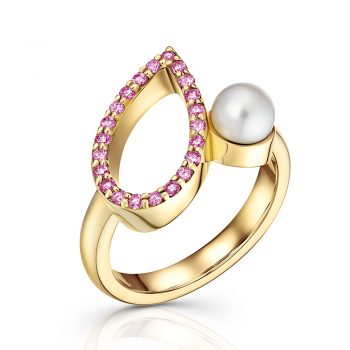 18 ct yellow gold ring teardrop shape of pave pink sapphires, offset with a white cultured pearl.
