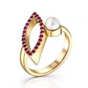 Pave ruby engagement ring set in 18ct yellow gold with Pearl