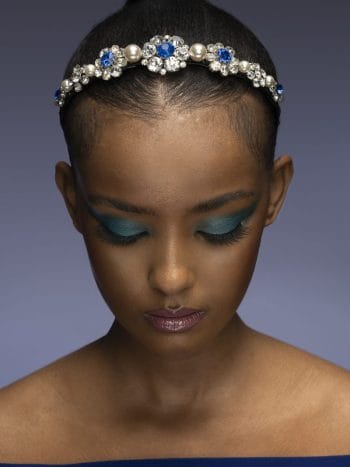 Blue and clear crystal flower headpiece with pearl details