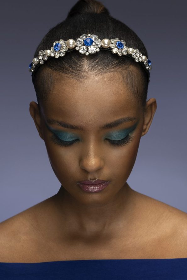 Blue and clear crystal flower headpiece with pearl details