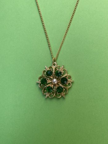 gold plated vintage flower necklace set with green crystal