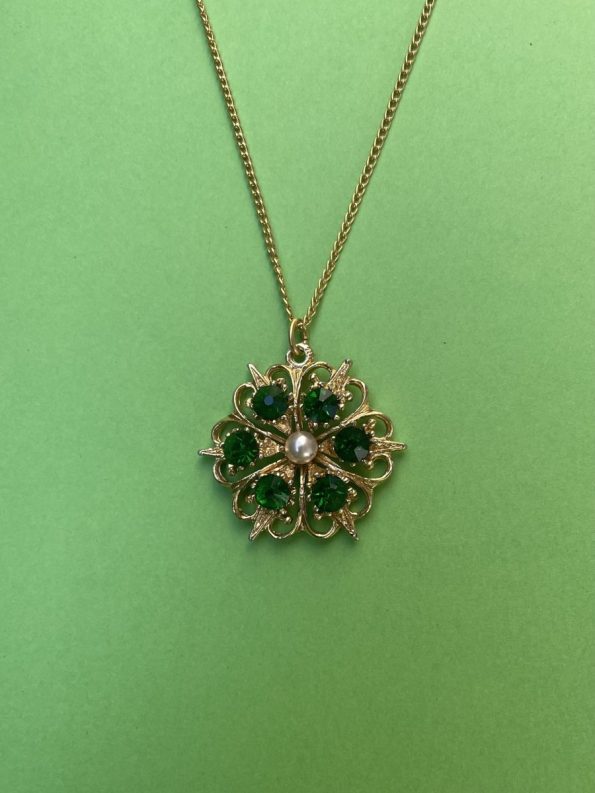 gold plated vintage flower necklace set with green crystal