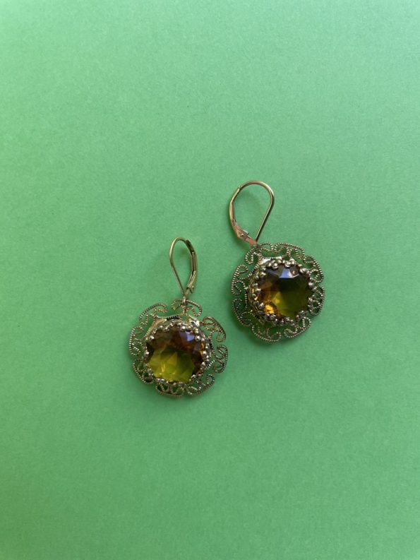 One of a kind earrings gold plated vintage costume featuring a Champagne crystal detail,made using original vintage materials from 1930s- 1990s. 14k gold filled lever back earring fittings are new.