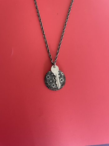 One of a kind unisex necklace with fabric print patterns blackend and vintage sterling silver key on 20″chain