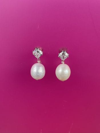Cultured pearl earrings with set CZ (vintage silvertone)