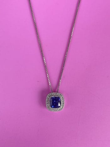 sterling silver necklace set with blue and clear cublic zirconias on 18